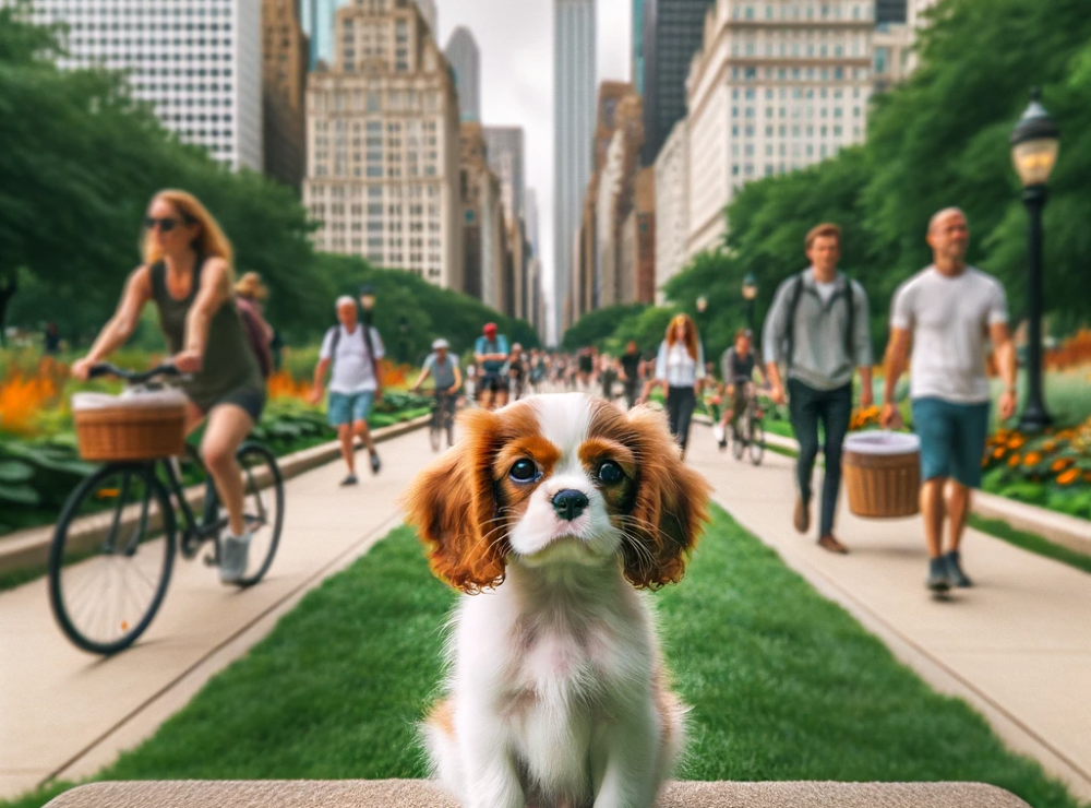DALL·E 2023-12-01 03.51.36 – A patient Cavalier King Charles Spaniel puppy being taught to stay still in a busy city park. The image shows the puppy sitting calmly on a patch of g Puppy Training Consultation North Kansas City